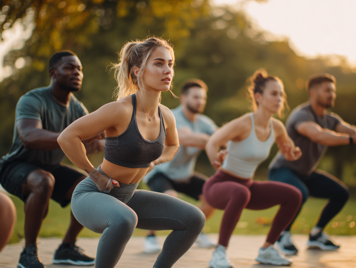 Команда тренерів різного віку демонструє вправи на відкритому повітрі