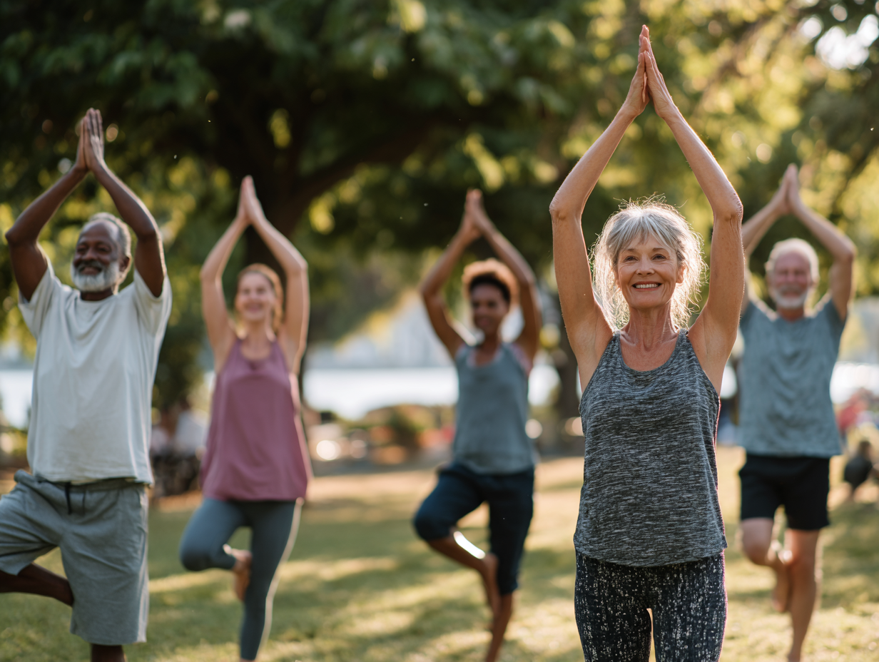 Активні люди різного віку займаються фітнесом на природі
